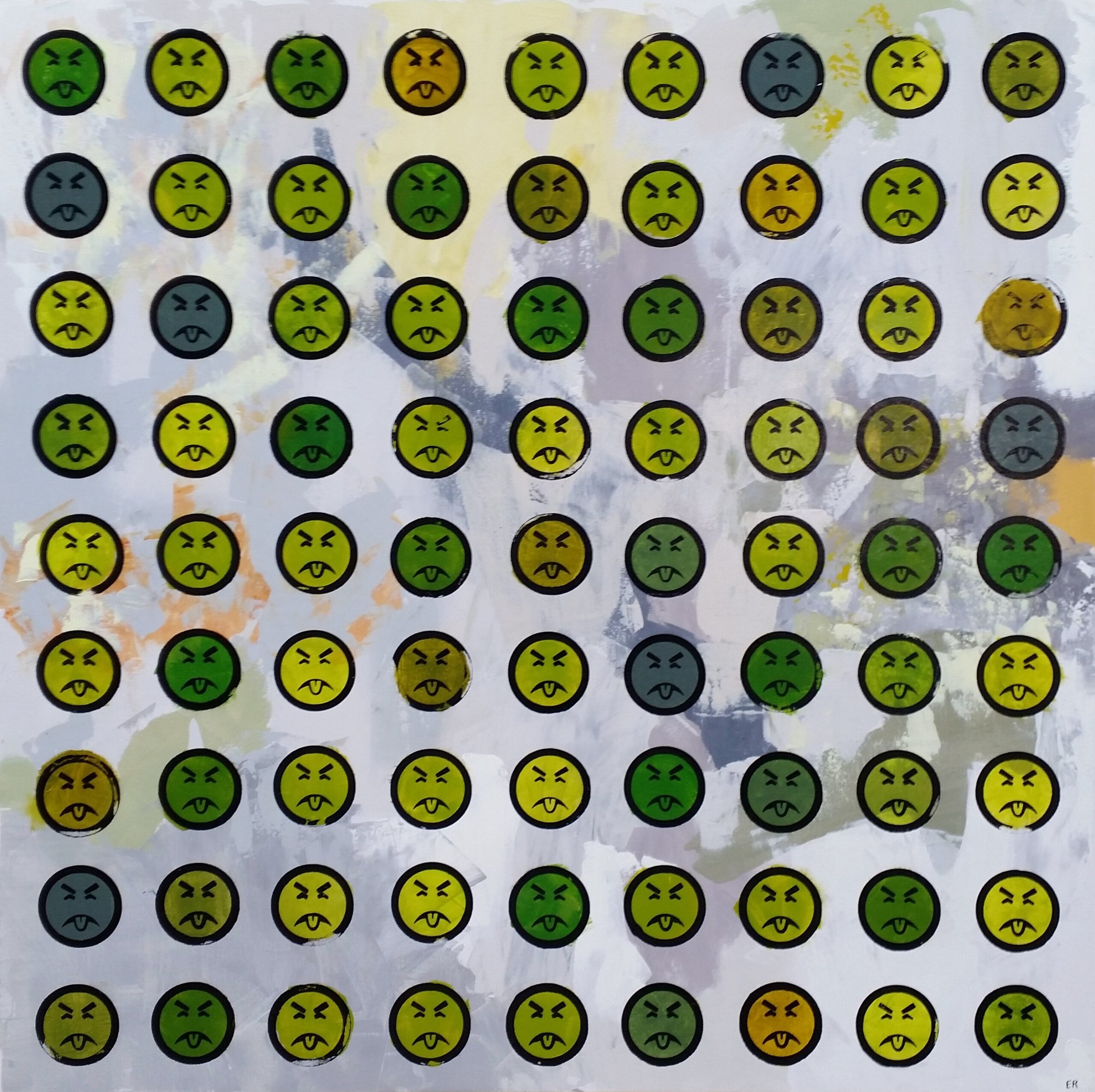 Poison Control (81 x Mr. Yuk), Acrylic and Screenprinting ink on canvas, 48 x 48 inches.