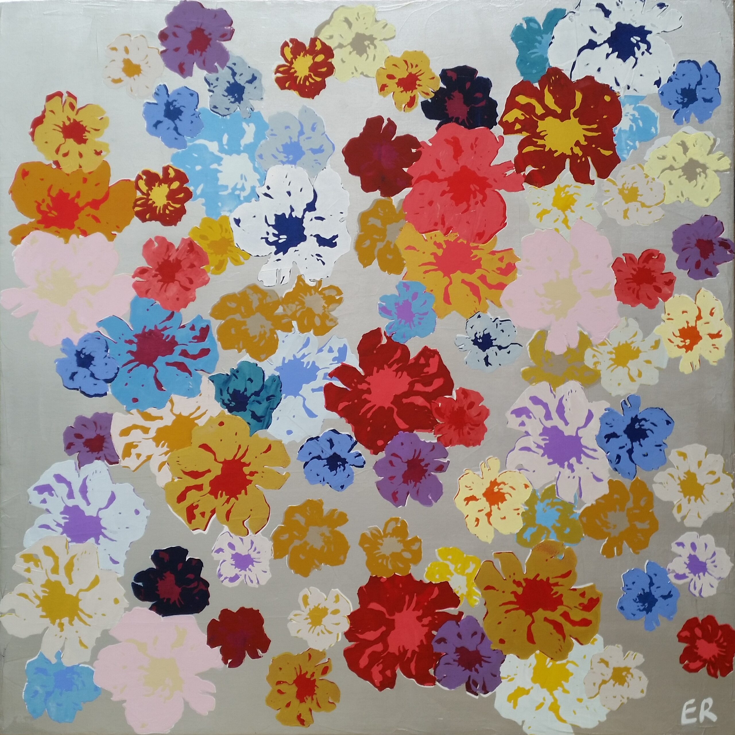 Commission – 76 Flowers, Acrylic, Aluminum Paint and Screenprinting ink on canvas, 30 x 30 inches.